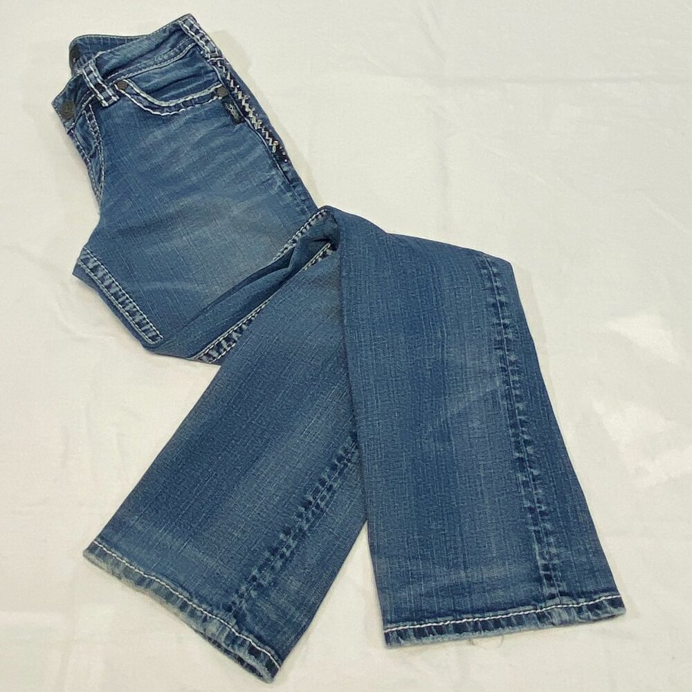 Silver Suki Faded Distressed Boot Cut Denim Jeans 27 Embroidered Jeweled - Picture 8 of 15